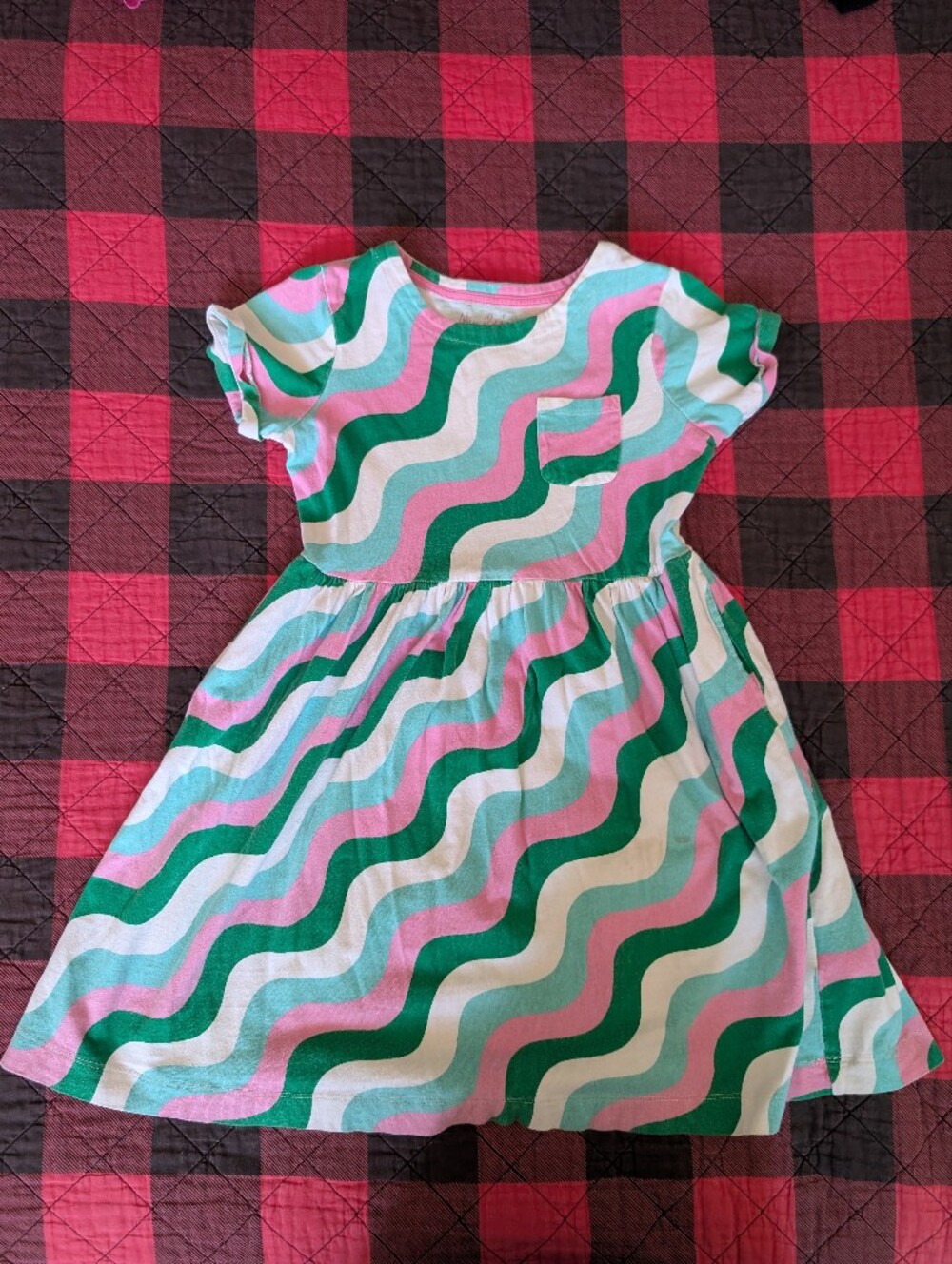 Mini Boden Green & Pink Wavy Stripe Dress